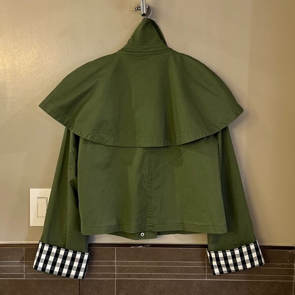 Avec Les Filles Cotton-Blend Gingham Trim Cape Jacket (Olive Green) - Picture 11 of 16